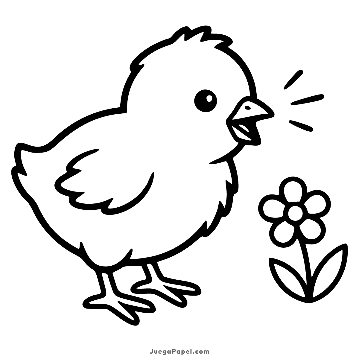 Dibujo para colorear e imprimir de Pollito tierno piando junto a una flor