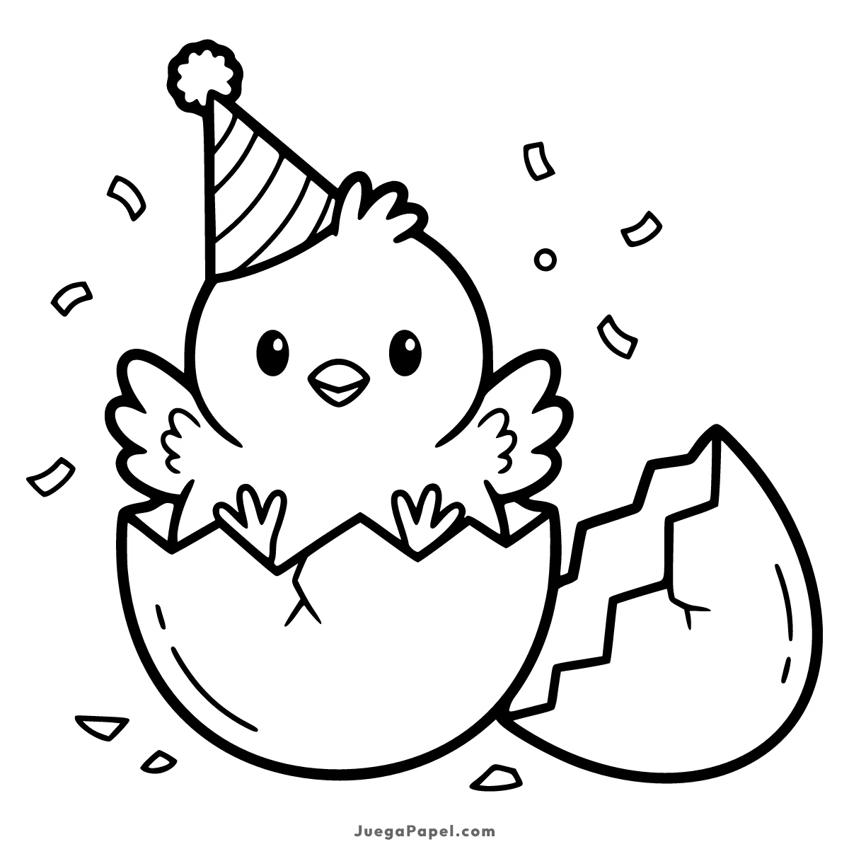 Dibujo para colorear e imprimir de Pollito tierno saliendo del cascarón con gorro de fiesta