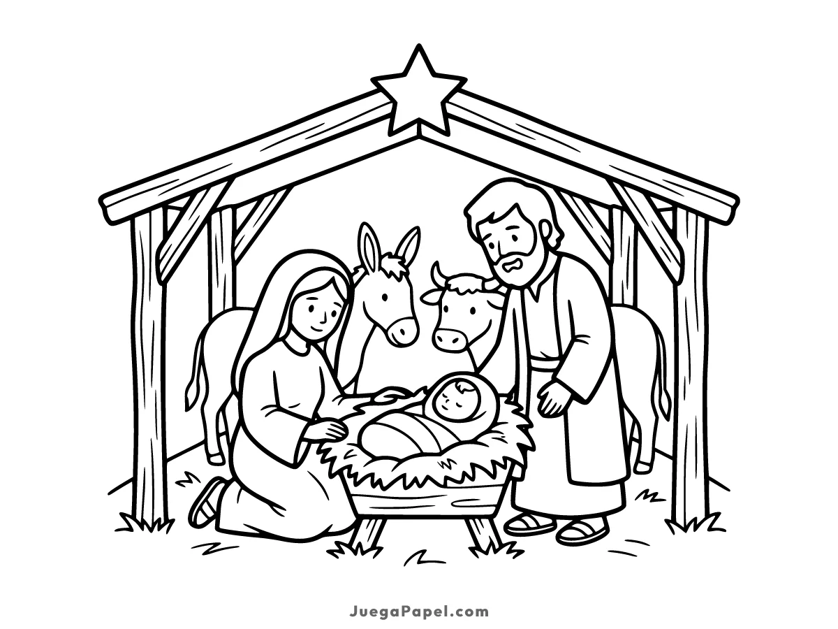 Dibujo para colorear e imprimir de Portal de Belén Con el Nacimiento