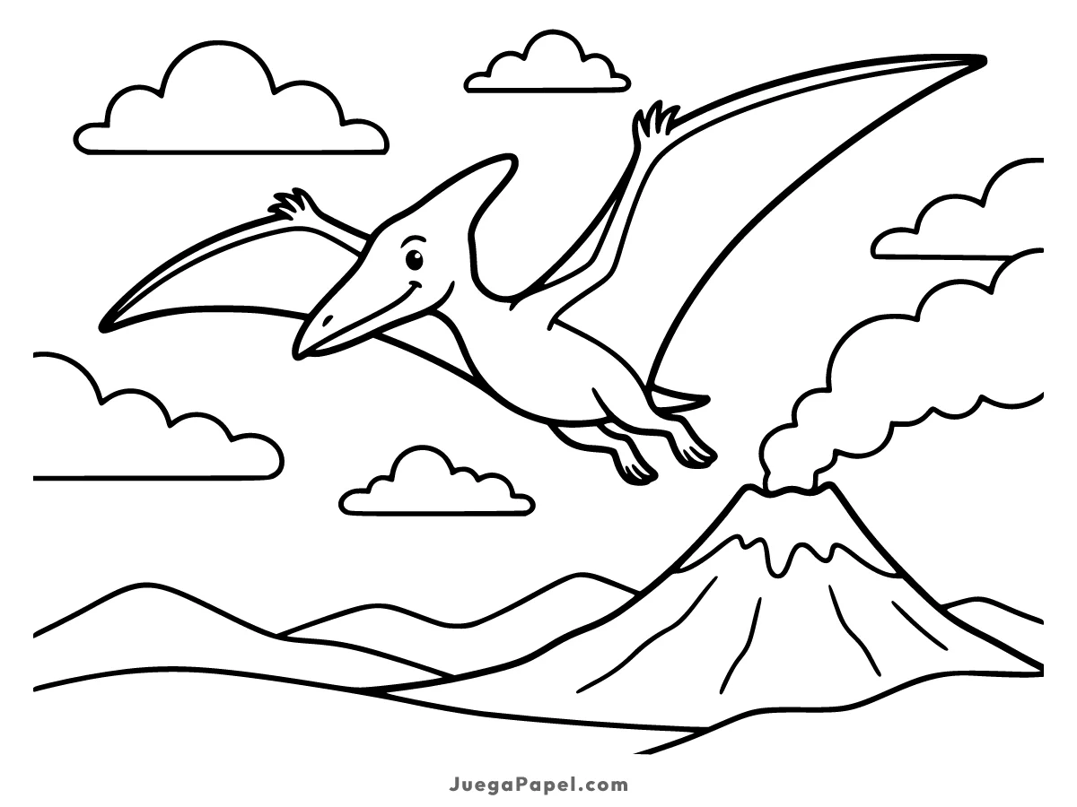 Dibujo para colorear e imprimir de Pterodáctilo Volando sobre el Volcán