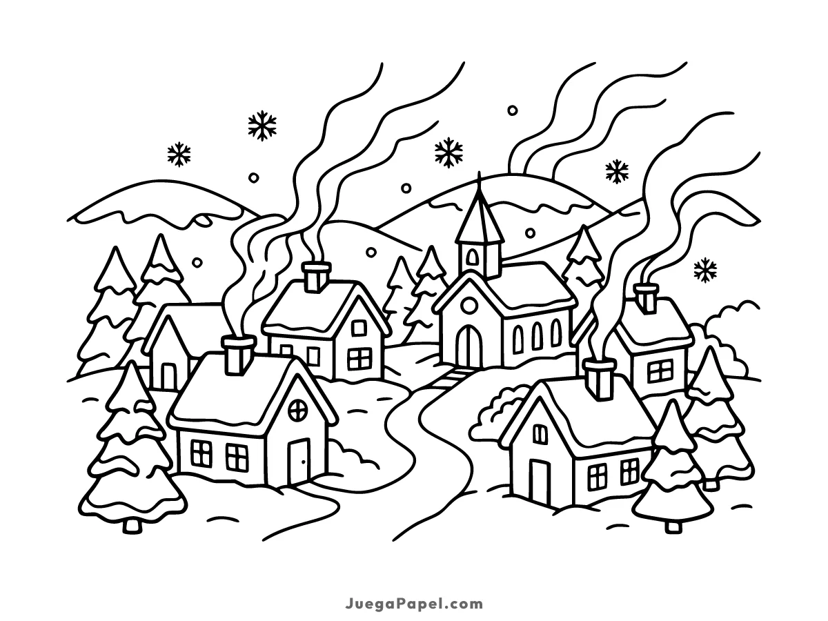 Dibujo para colorear e imprimir de Pueblo Nevado Con Chimeneas y Montañas