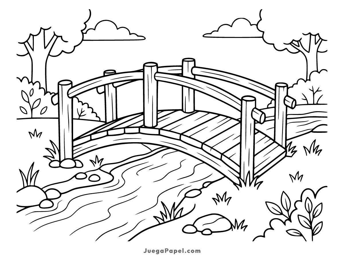 Dibujo para colorear e imprimir de Puente de Madera sobre el Río en el Bosque
