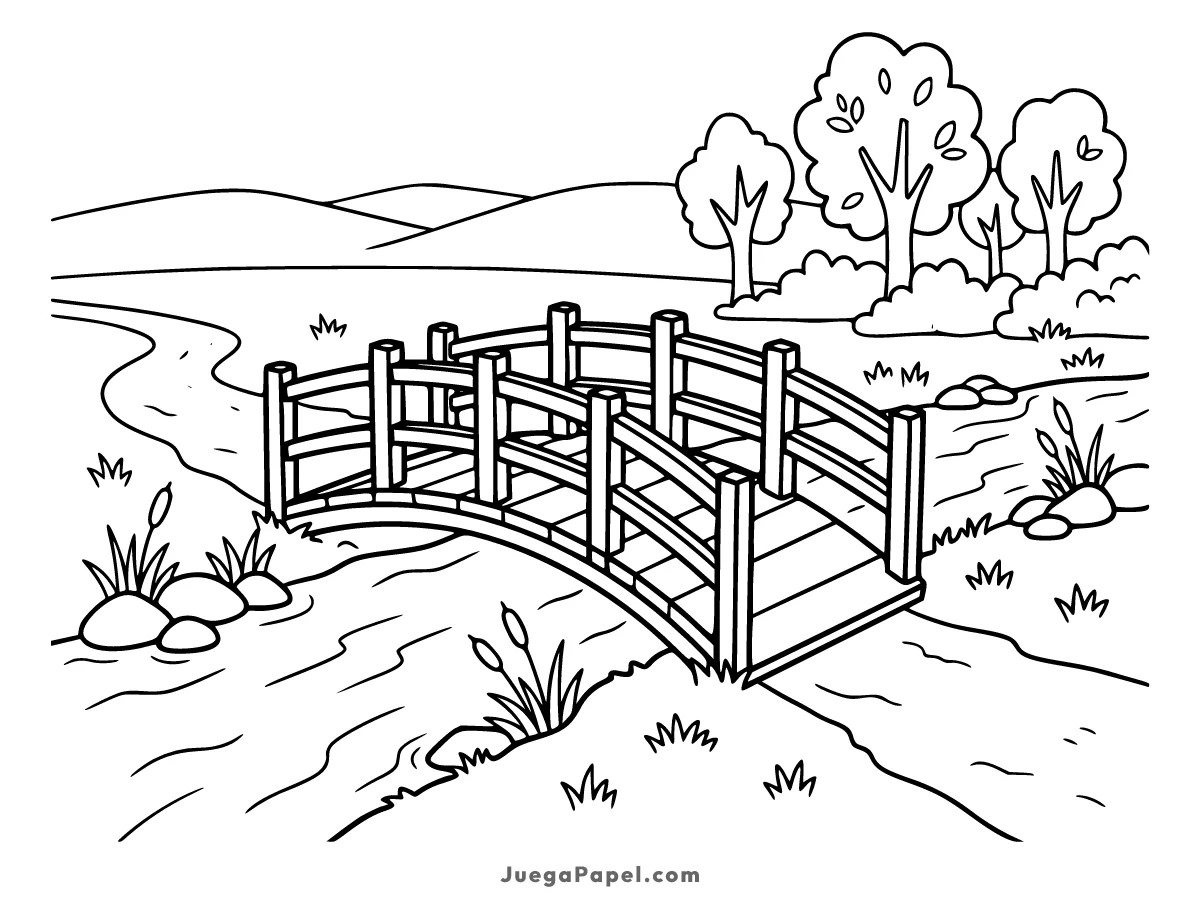 Dibujo para colorear e imprimir de Puente de Madera sobre el Río en el Bosque