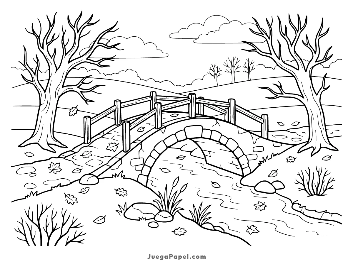 Dibujo para colorear e imprimir de Puente de Piedra en el Paisaje Otoñal