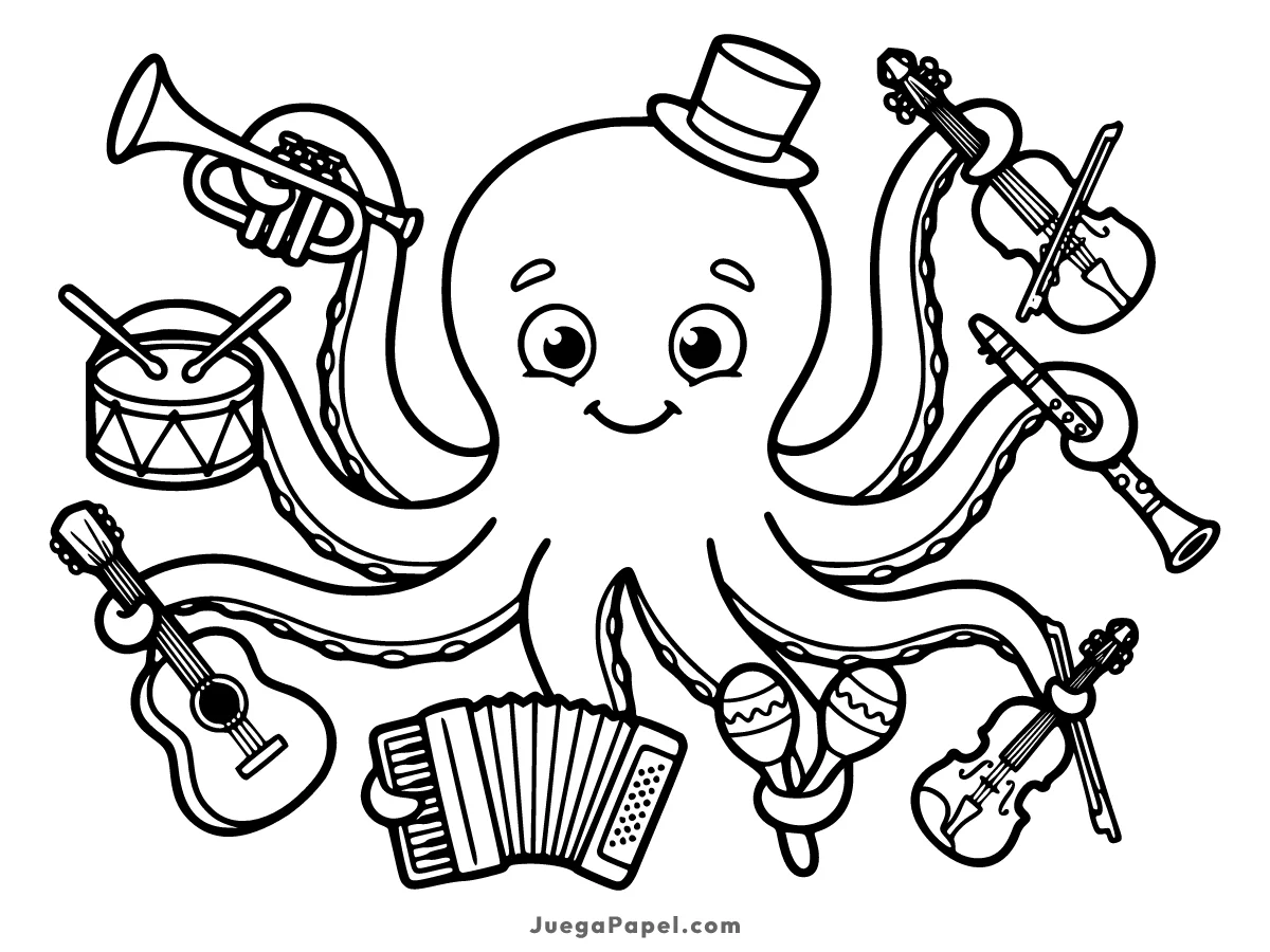 Dibujo para colorear e imprimir de Pulpo Músico Tocando Varios Instrumentos