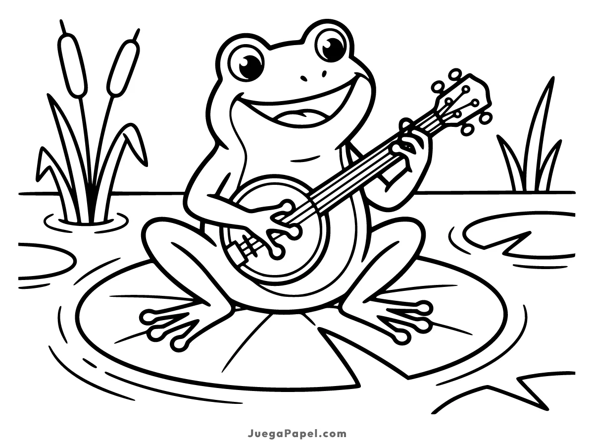 Dibujo para colorear e imprimir de Rana Alegre Tocando el Banjo