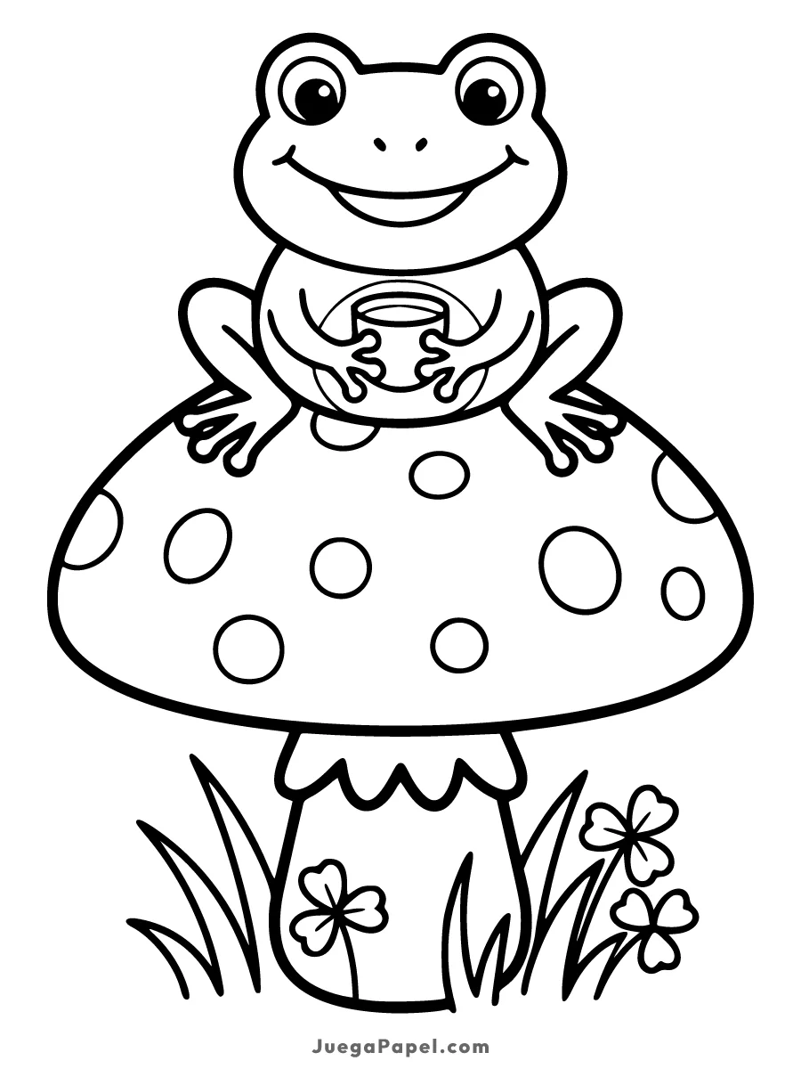 Dibujo para colorear e imprimir de Rana Bebiendo Café sobre un Champiñón