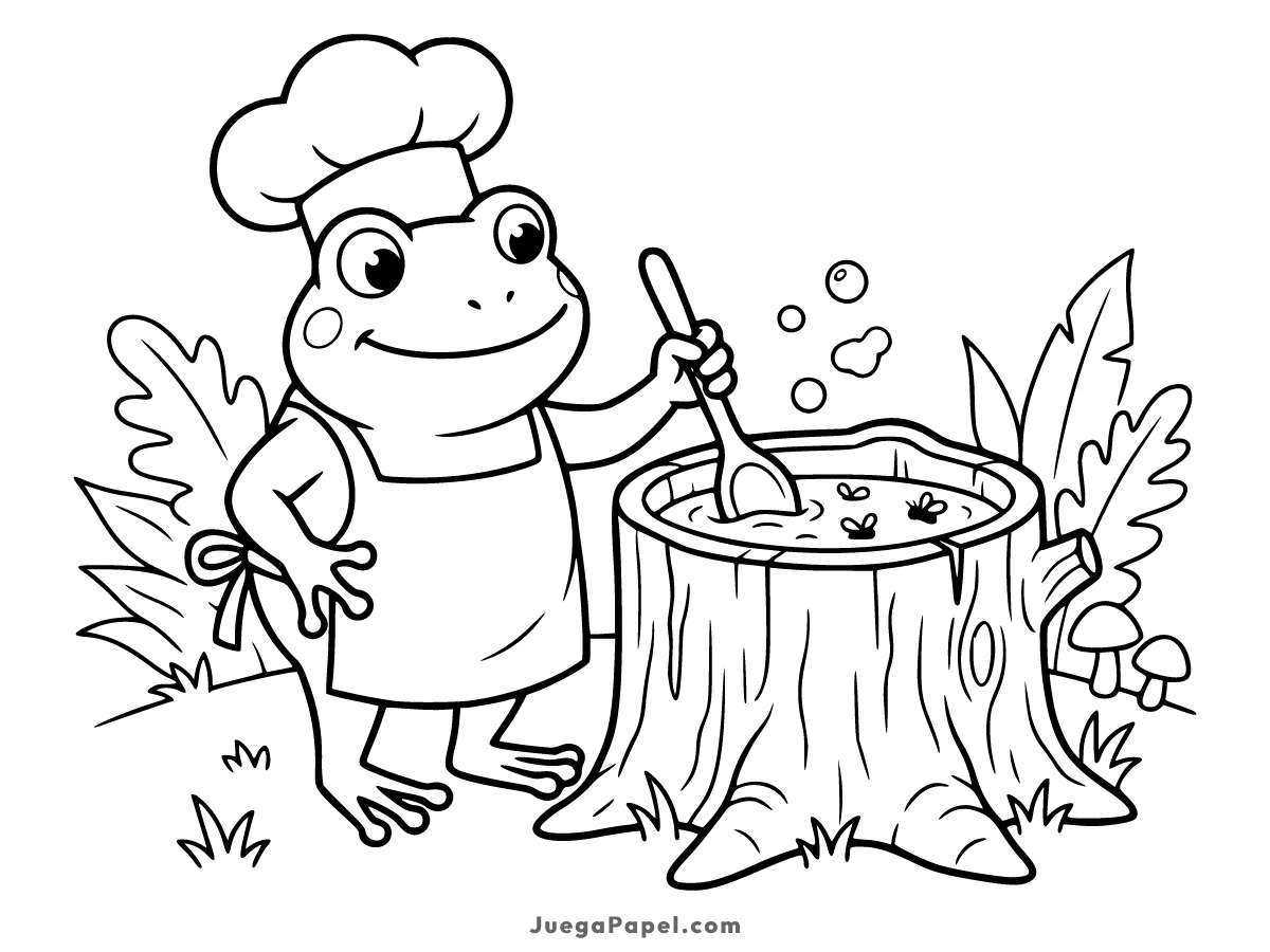 Dibujo para colorear e imprimir de Rana cocinando una sopa de moscas en un tronco hueco