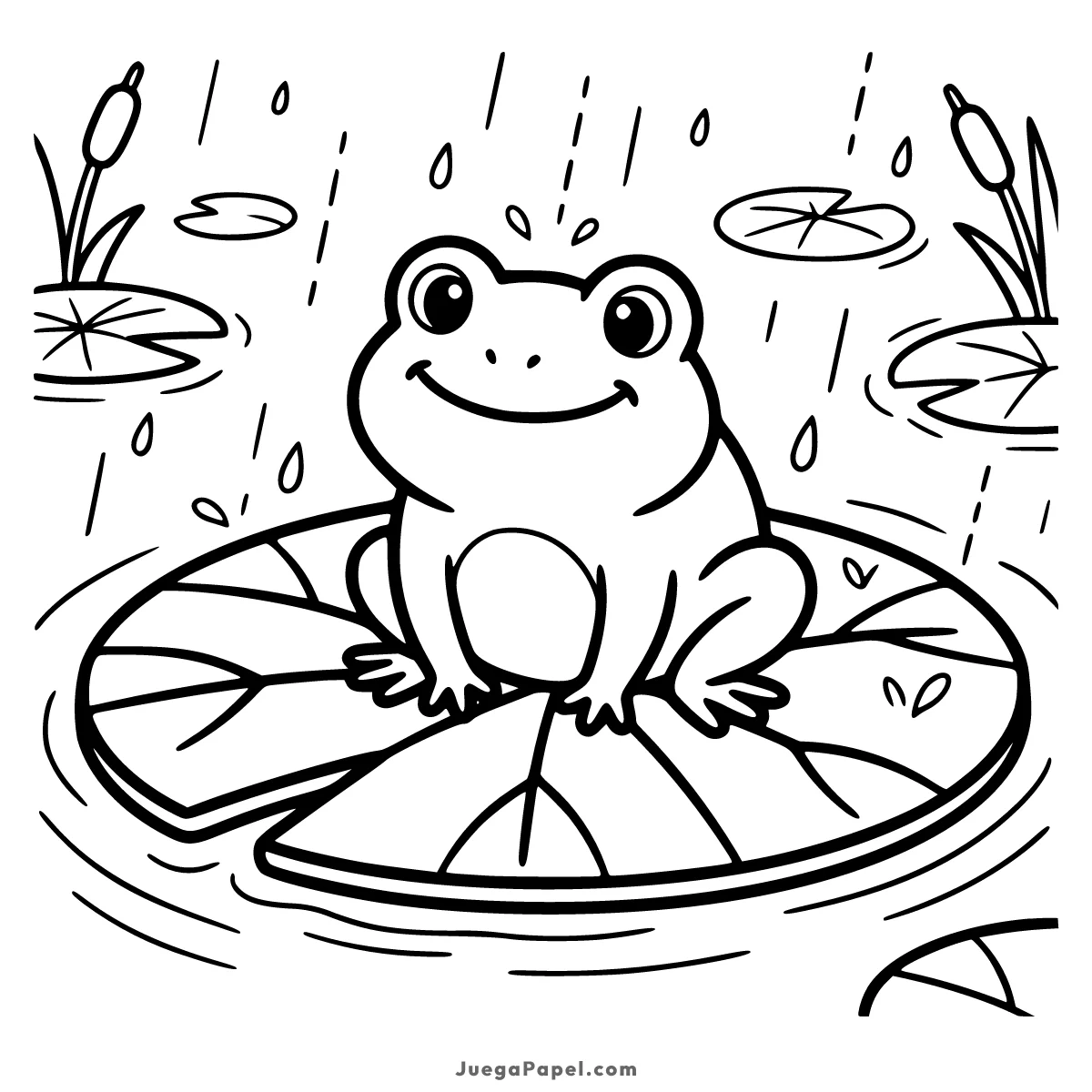 Dibujo para colorear e imprimir de Rana Feliz Bajo la Lluvia en el Estanque