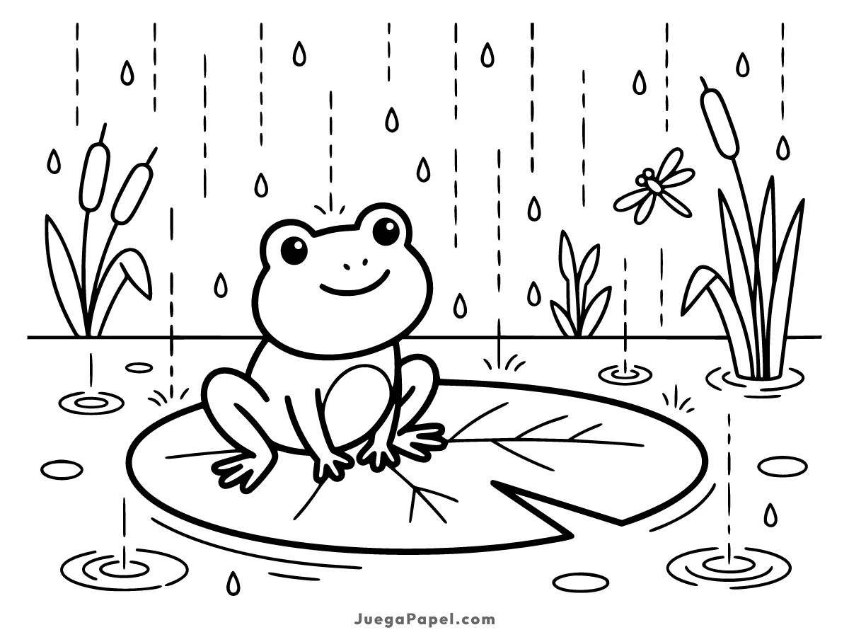 Dibujo para colorear e imprimir de Rana Feliz Bajo la Lluvia sobre una Hoja