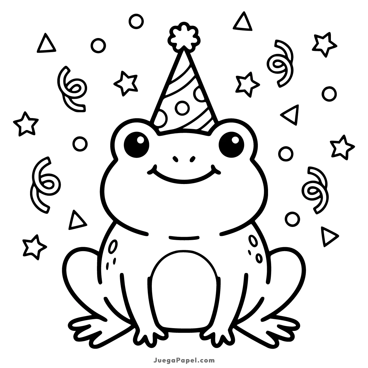 Dibujo para colorear e imprimir de Rana Feliz con Gorro de Fiesta y Confeti
