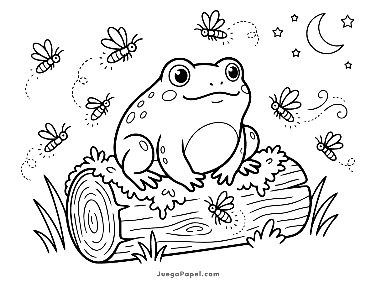 Dibujo para colorear e imprimir de Rana Feliz sobre un Tronco con Luciérnagas