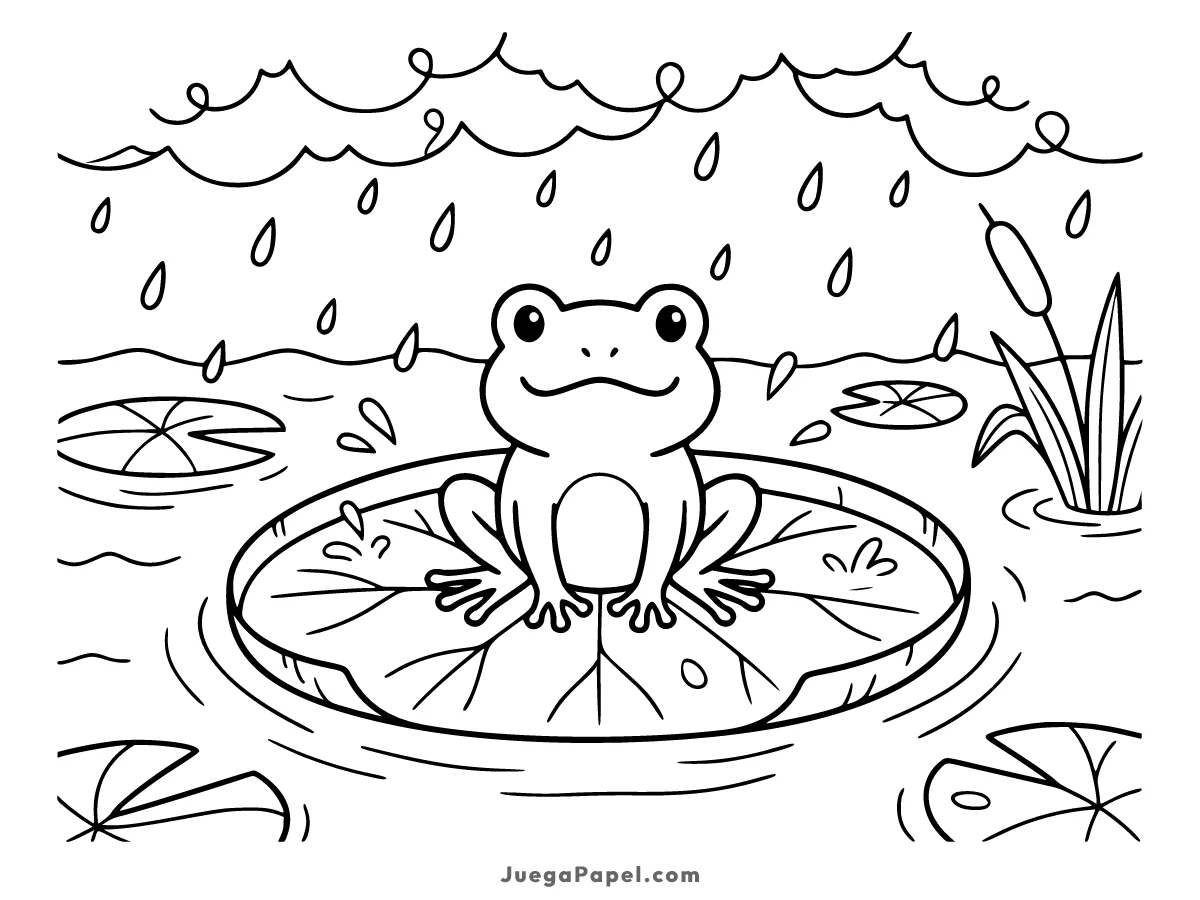Dibujo para colorear e imprimir de Rana Feliz sobre una Hoja de Nenúfar bajo la Lluvia