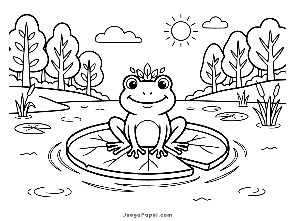 Dibujo para colorear e imprimir de Rana Feliz sobre una Hoja en el Estanque