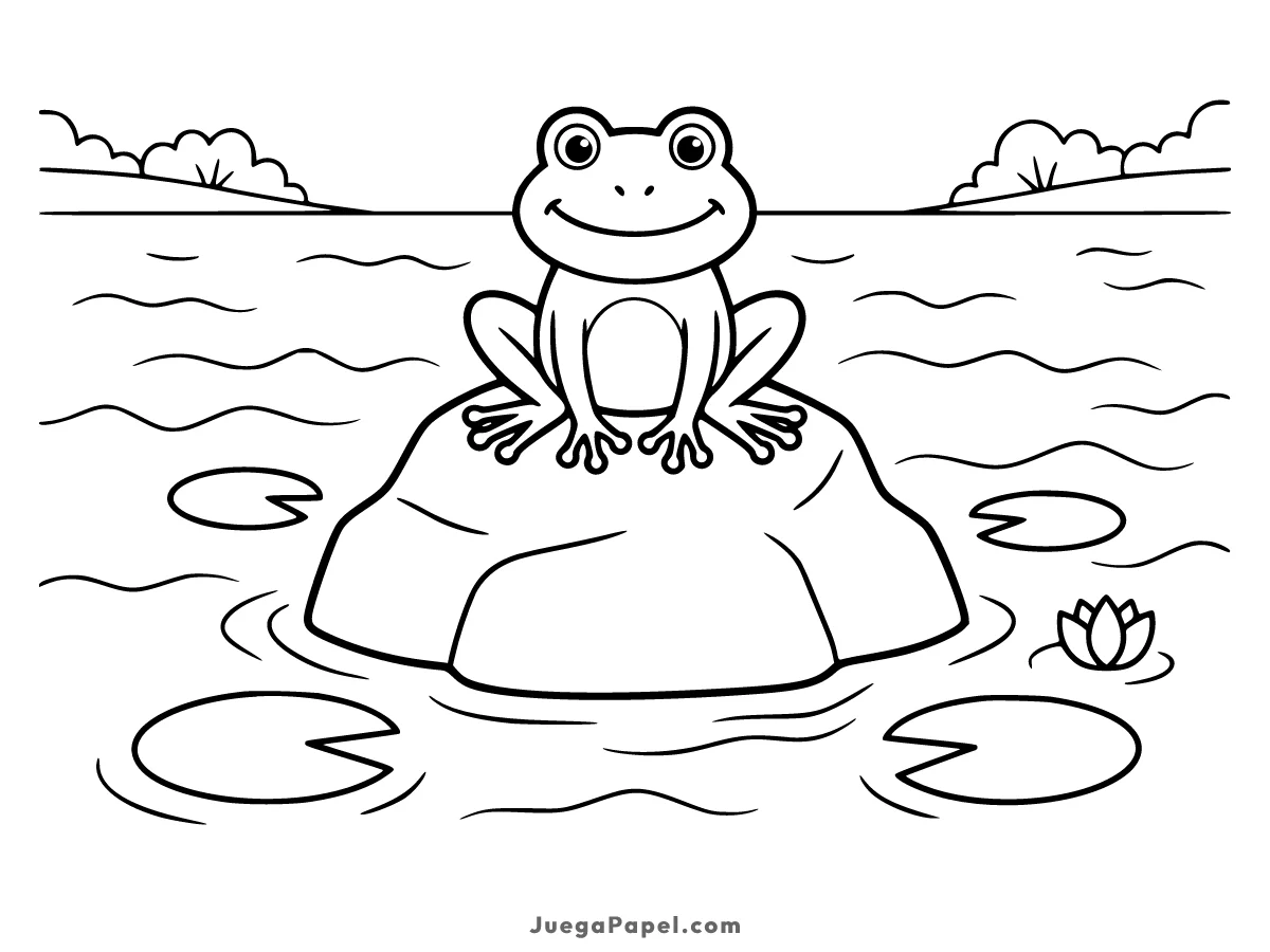 Dibujo para colorear e imprimir de Rana Feliz sobre una Roca en el Estanque