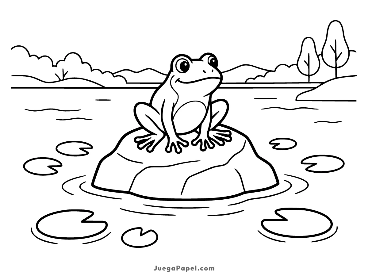 Dibujo para colorear e imprimir de Rana Feliz sobre una Roca en el Estanque