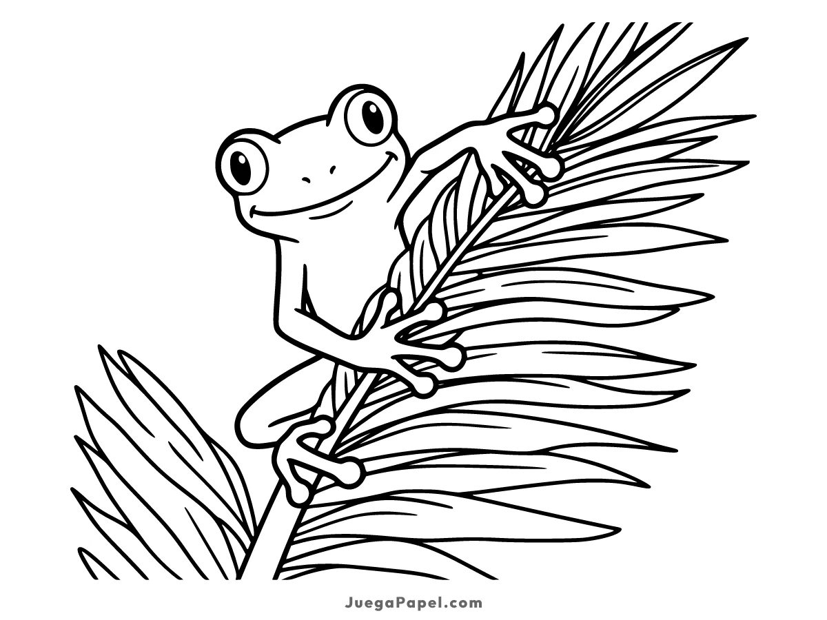 Dibujo para colorear e imprimir de Rana Feliz Trepando por una Hoja de Palmera