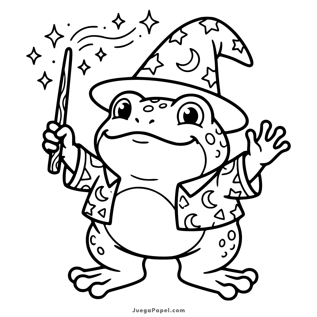 Dibujo para colorear e imprimir de Rana Mágica con Sombrero de Mago y Varita
