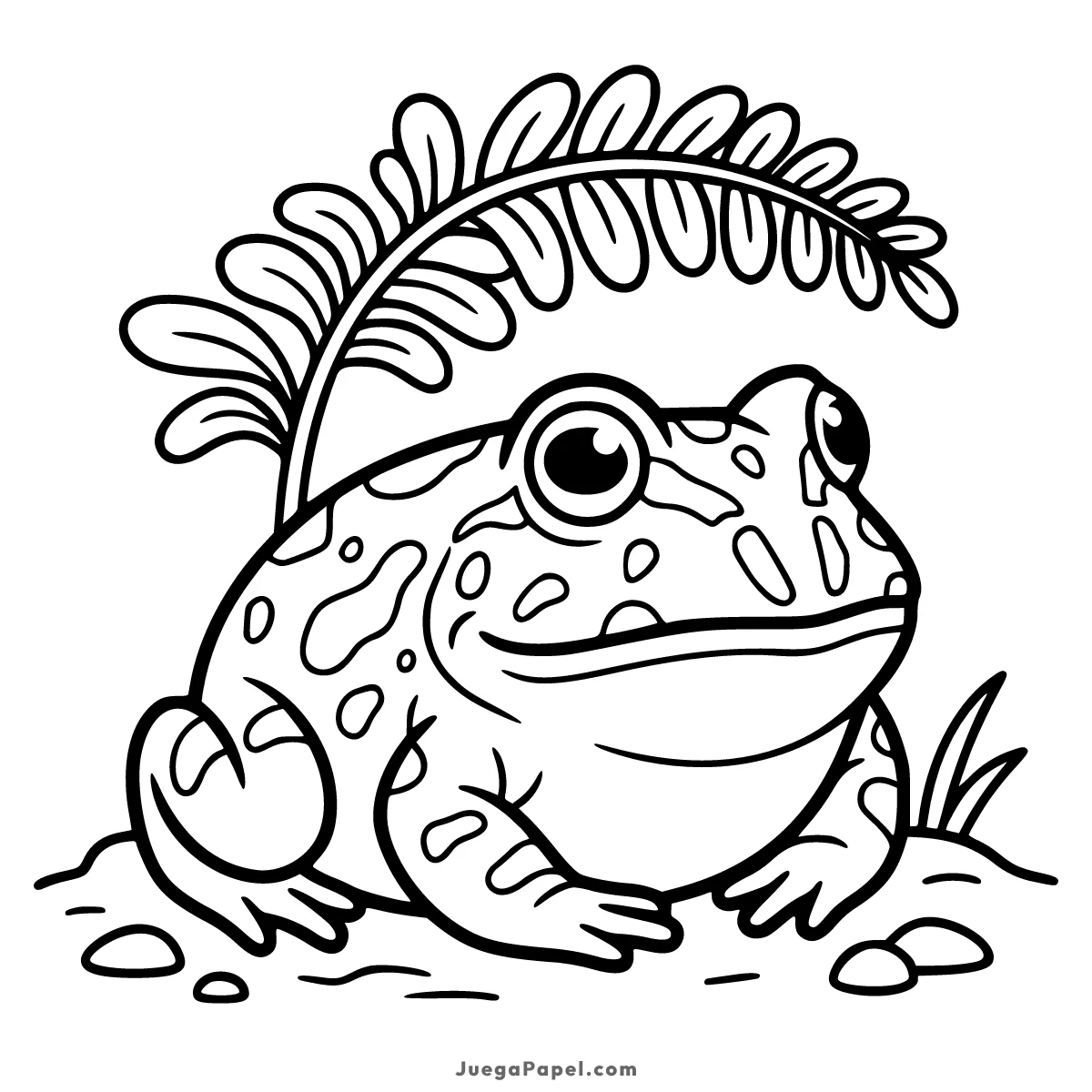 Dibujo para colorear e imprimir de Rana simpática bajo las hojas