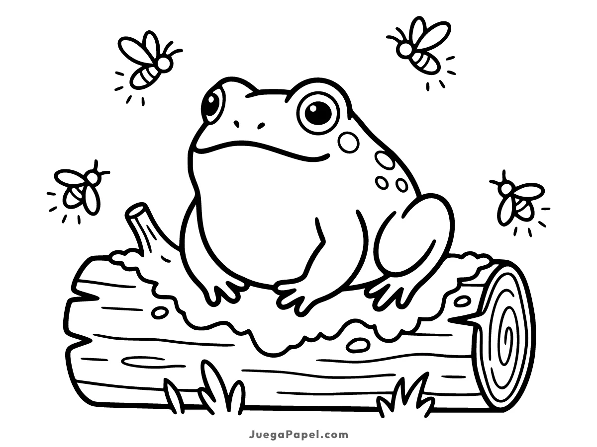 Dibujo para colorear e imprimir de Rana simpática sobre un tronco con abejas