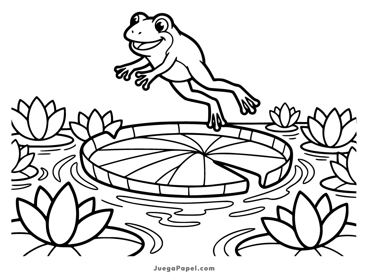 Dibujo para colorear e imprimir de Ranita Alegre Saltando en Nenúfar Gigante