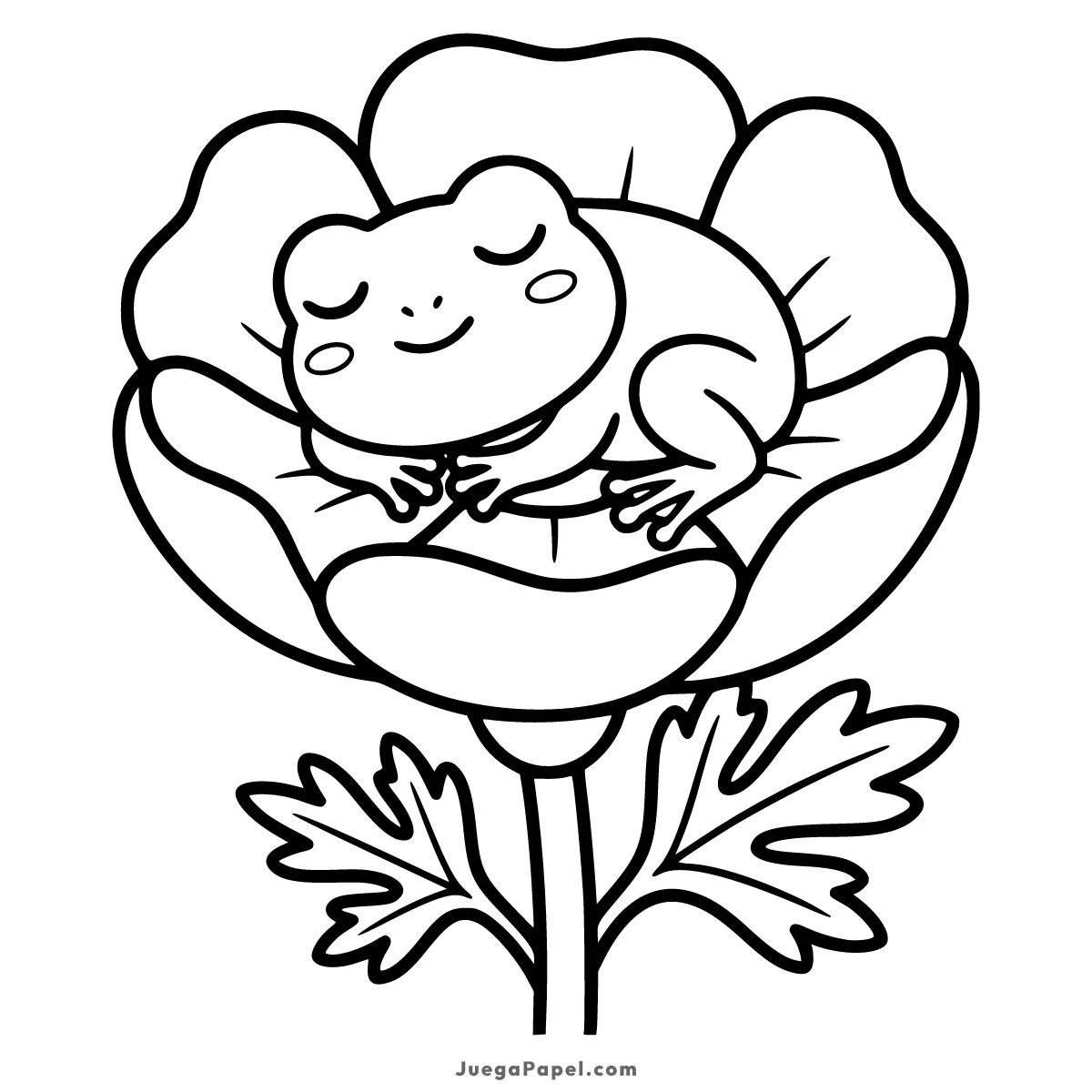Dibujo para colorear e imprimir de Ranita tierna durmiendo plácidamente sobre una flor