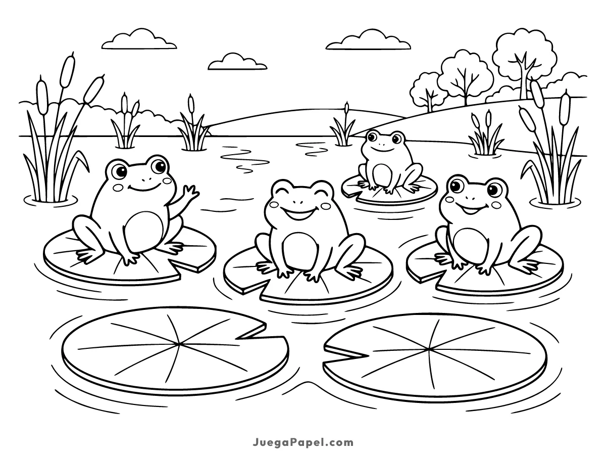 Dibujo para colorear e imprimir de Ranitas Felices en el Estanque