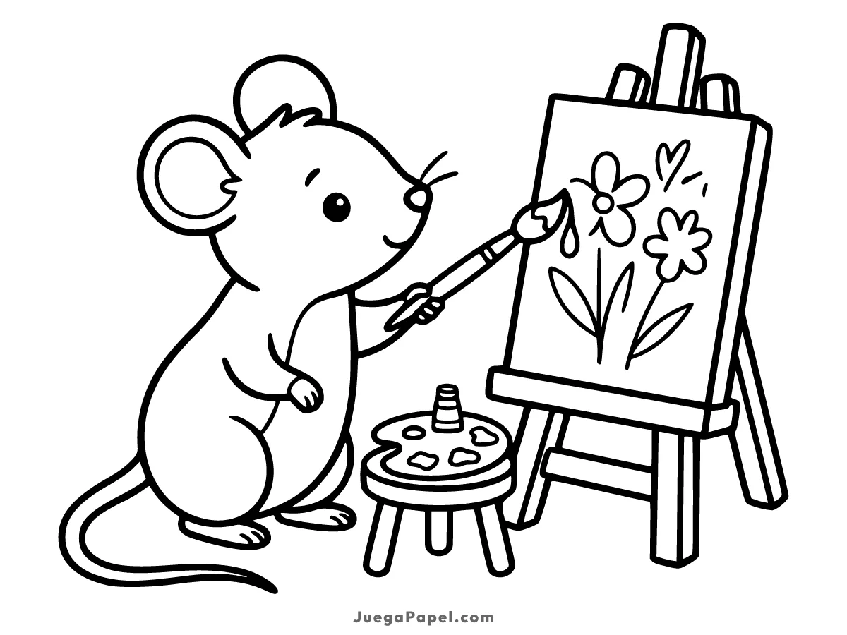 Dibujo para colorear e imprimir de Ratón Artista Pintando un Cuadro