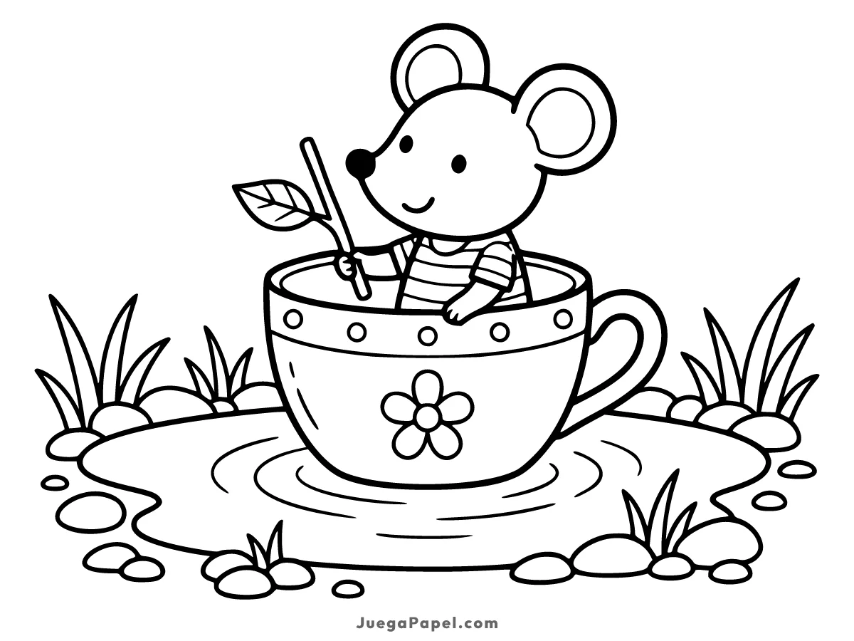 Dibujo para colorear e imprimir de Ratón Aventurero Navegando en una Taza de Té