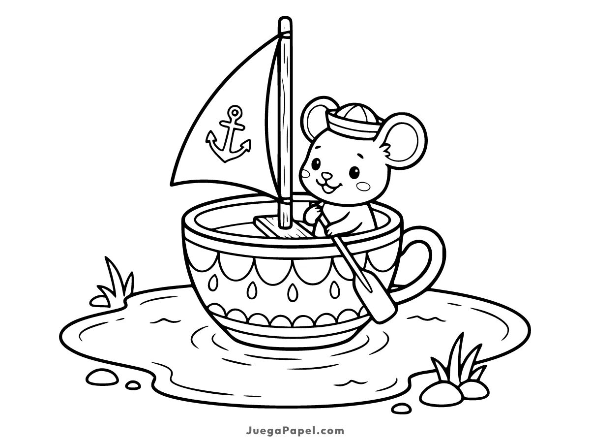 Dibujo para colorear e imprimir de Ratón Marinero Navegando en una Taza de Té