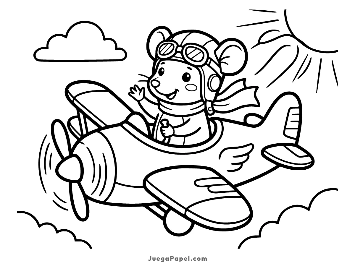 Dibujo para colorear e imprimir de Ratón Piloto Volando en su Avioneta
