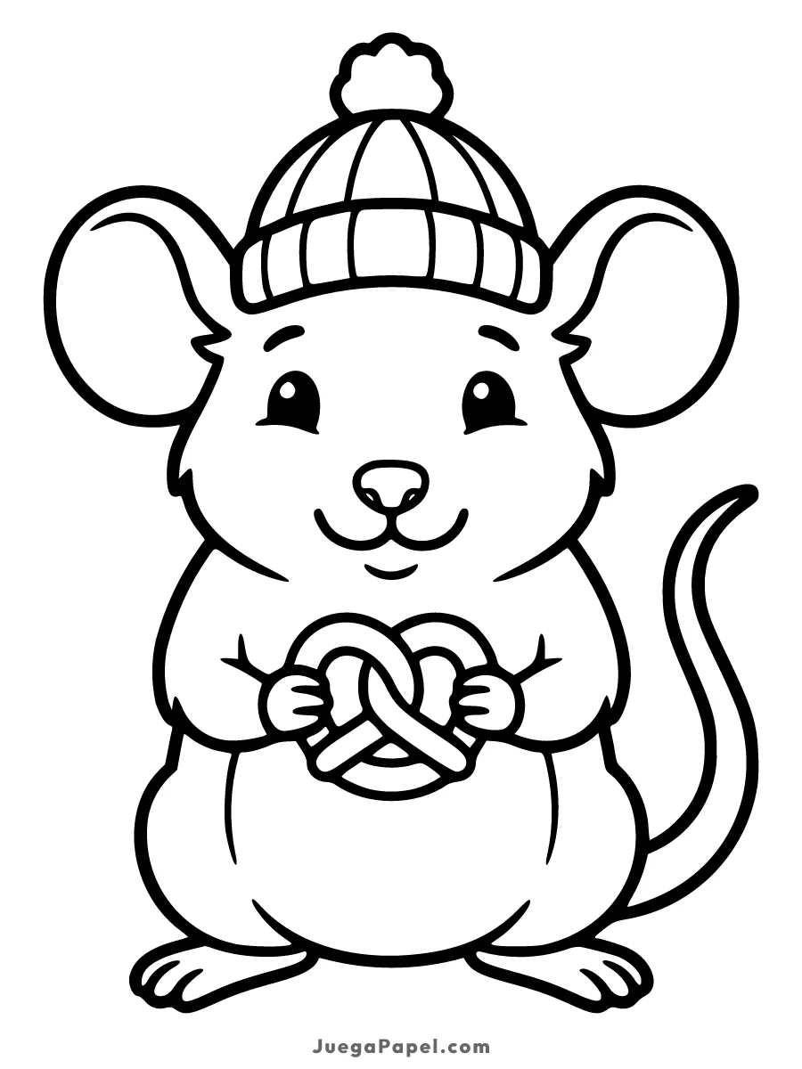 Dibujo para colorear e imprimir de Ratón Tierno con Gorro de Invierno y Galleta
