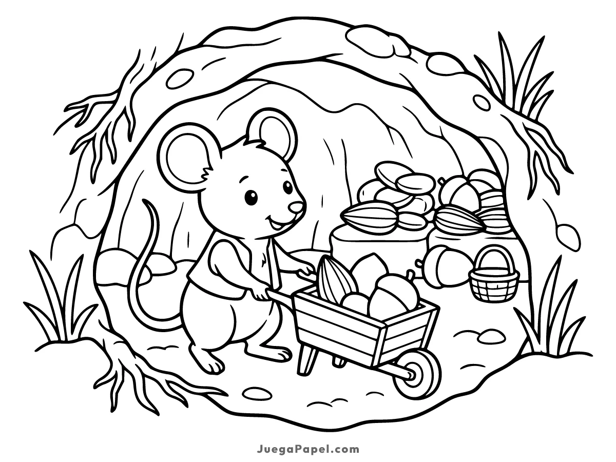 Dibujo para colorear e imprimir de Ratoncito Guardando Comida