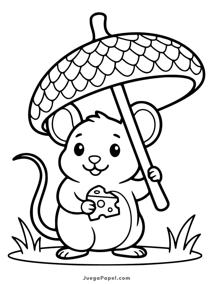 Dibujo para colorear e imprimir de Ratoncito tierno con queso y un paraguas de bellota