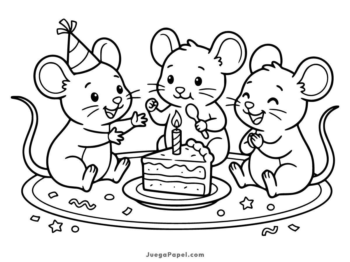 Dibujo para colorear e imprimir de Ratoncitos Felices Celebrando un Cumpleaños con Tarta
