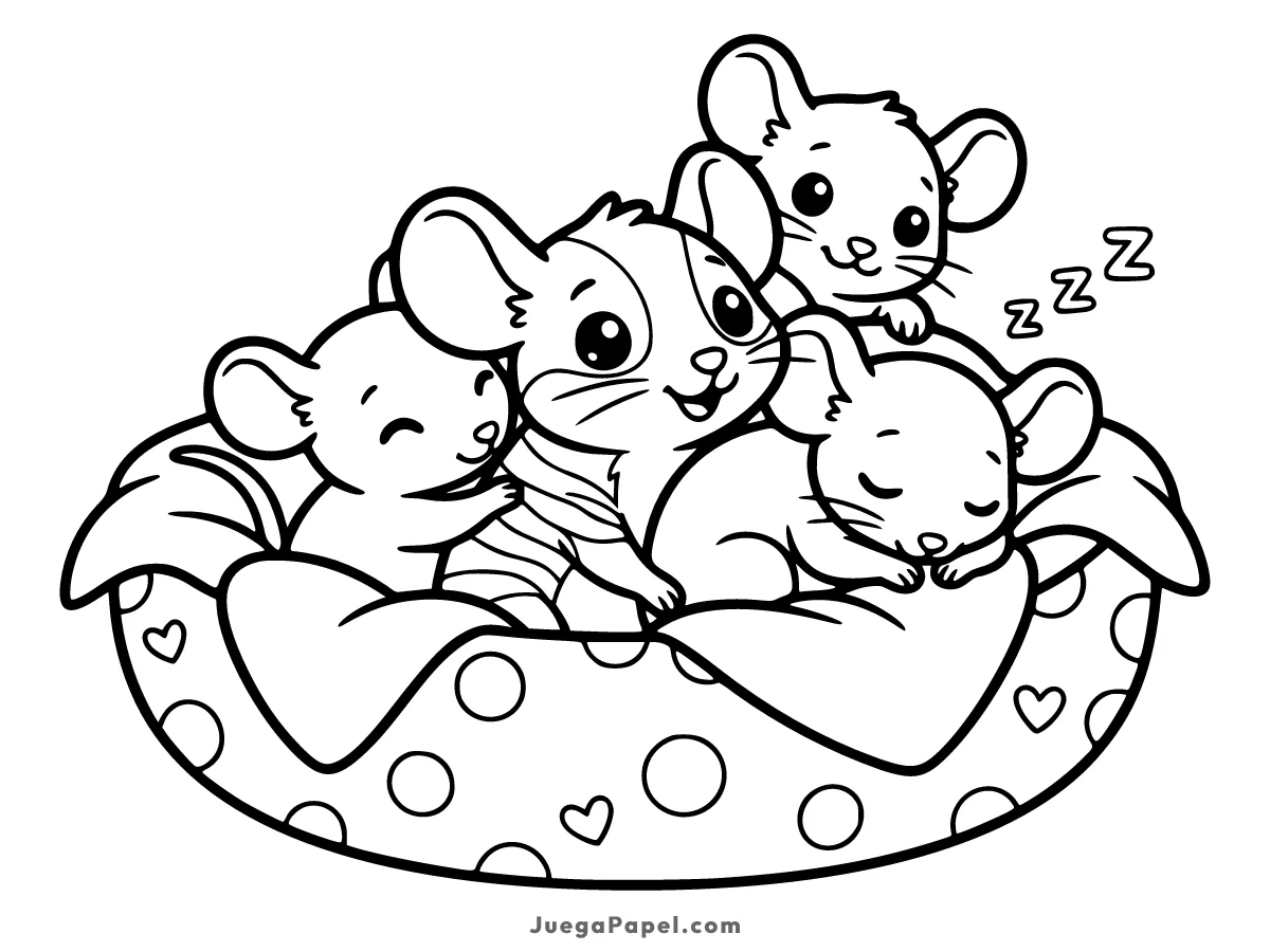 Dibujo para colorear e imprimir de Ratones Tiernos Durmiendo en su Cama