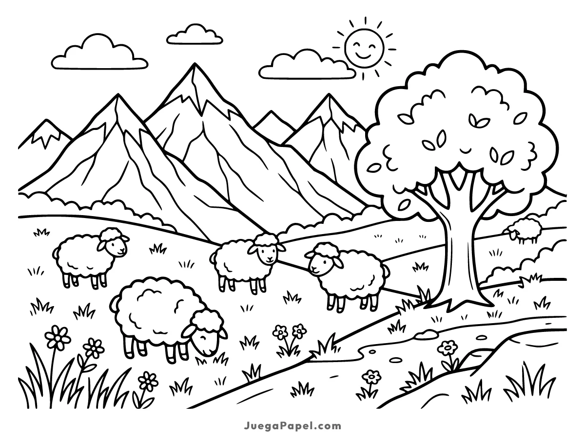 Dibujo para colorear e imprimir de Rebaño de Ovejas en la Montaña