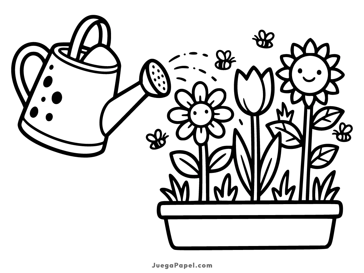 Dibujo para colorear e imprimir de Regadera Regando Flores con Abejas