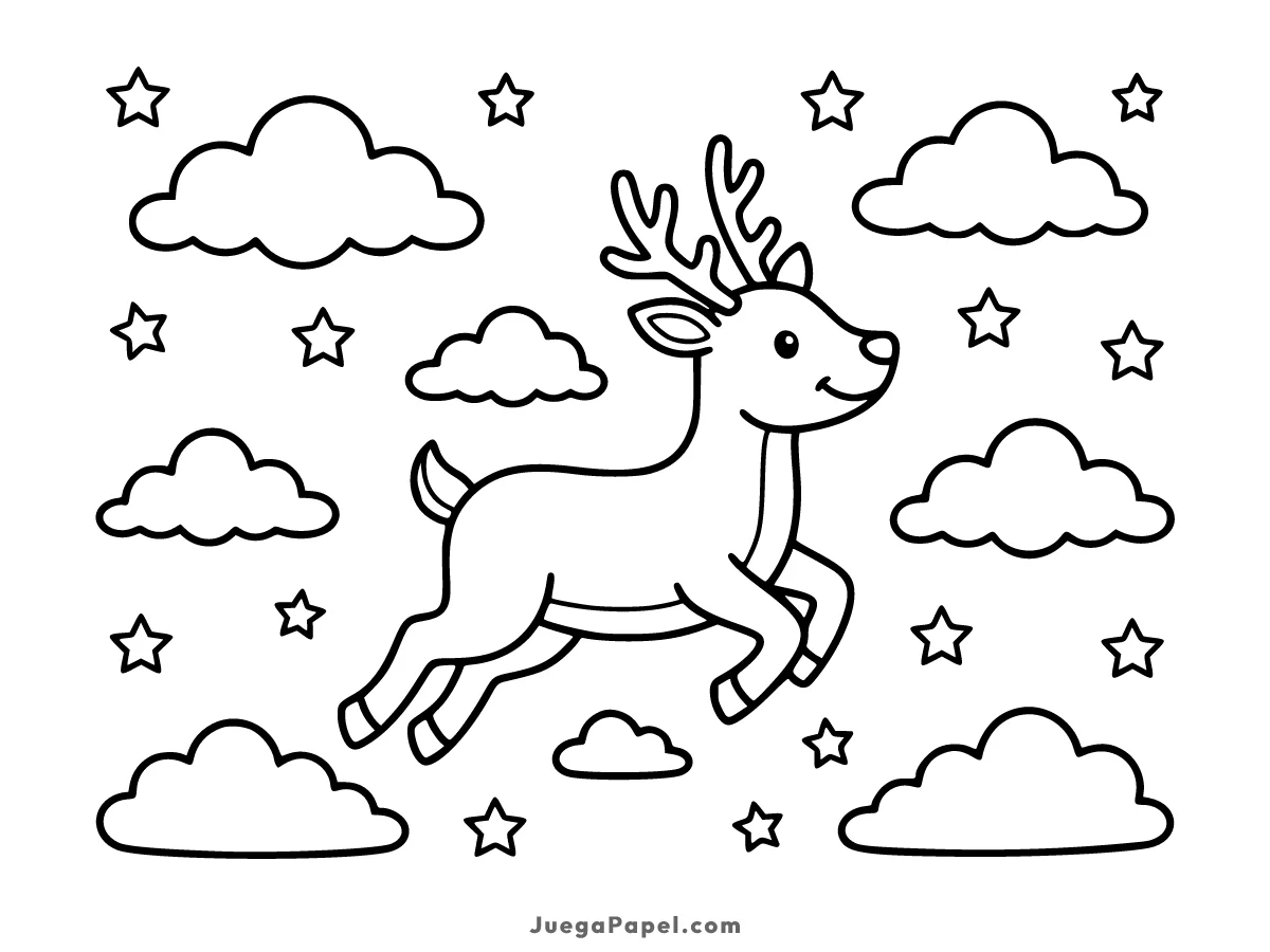 Dibujo para colorear e imprimir de Reno Volando Entre Nubes Mágicas