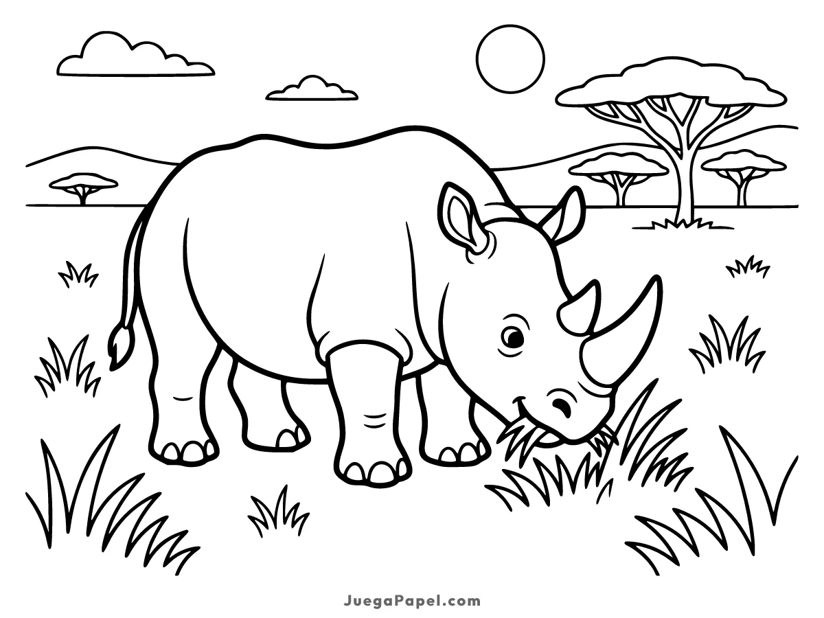 Dibujo para colorear e imprimir de Rinoceronte Comiendo Hierba