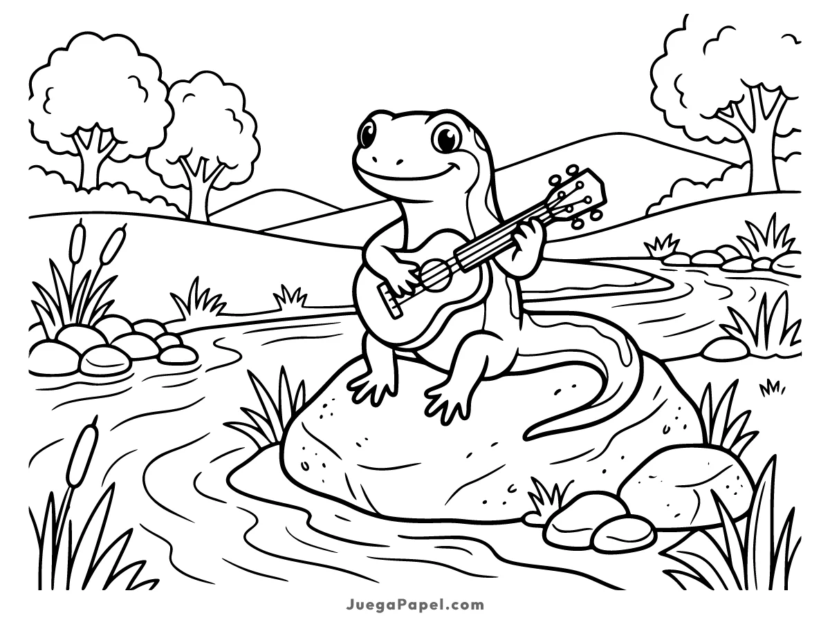 Dibujo para colorear e imprimir de Salamandra Tocando el Ukelele