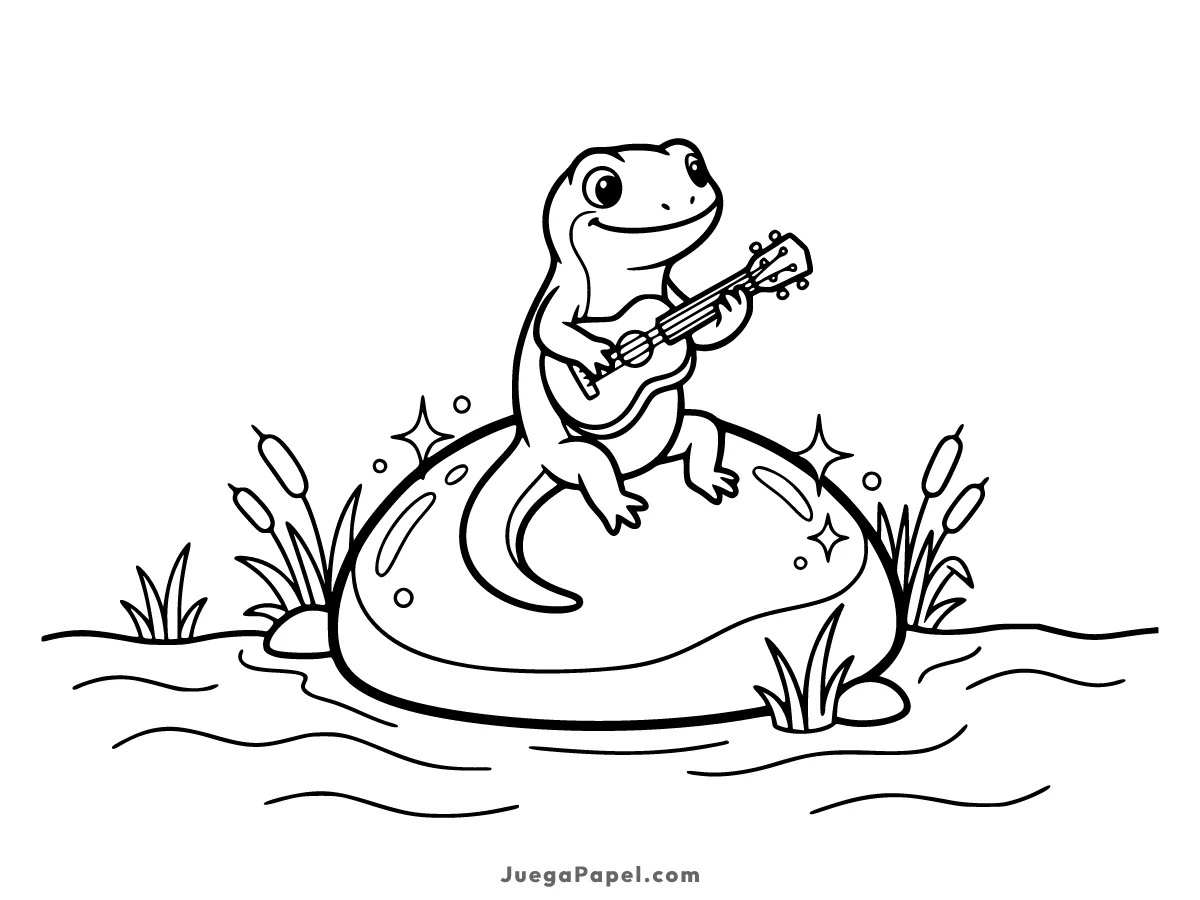 Dibujo para colorear e imprimir de Salamandra Tocando Ukelele