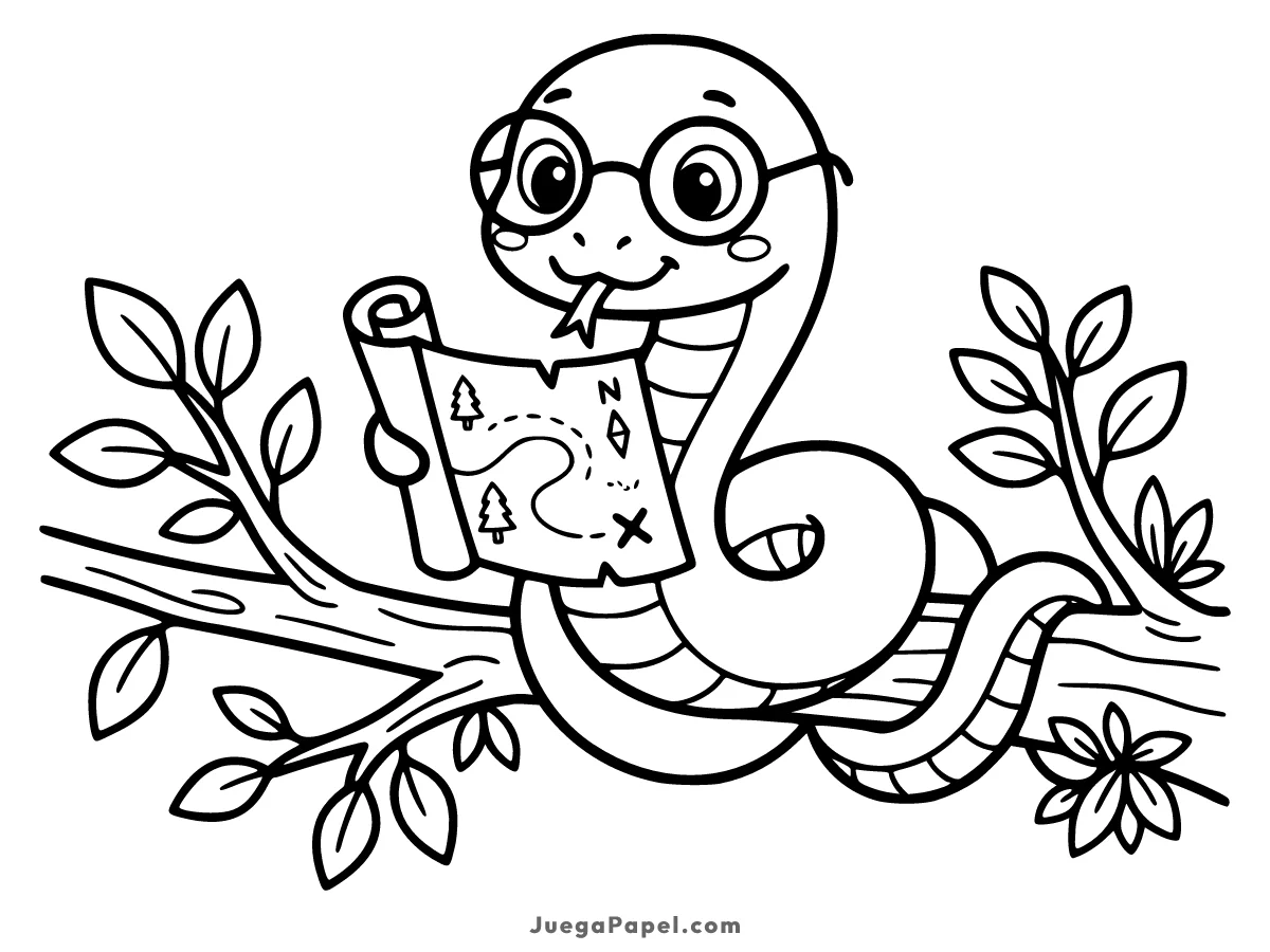 Dibujo para colorear e imprimir de Serpiente Exploradora con Mapa y Gafas