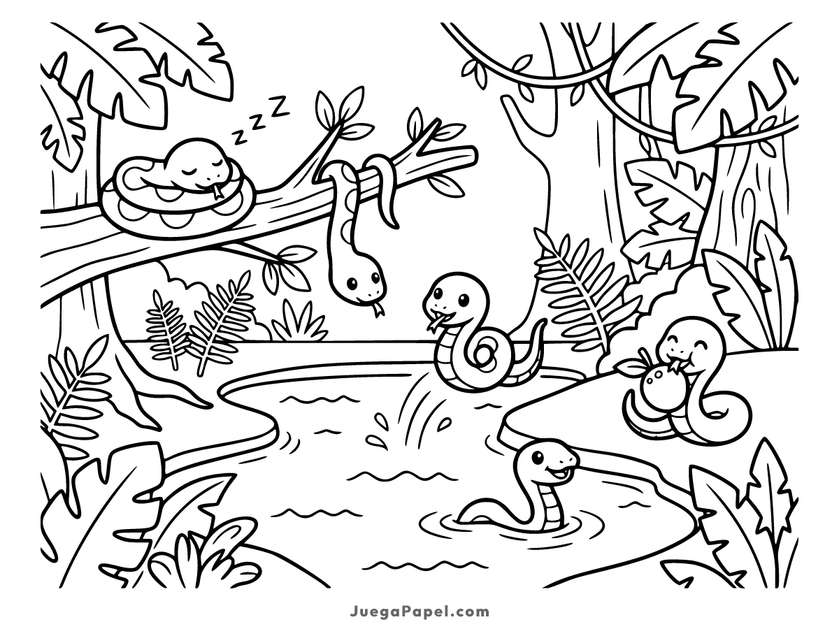 Dibujo para colorear e imprimir de Serpientes Felices en la Selva Tropical