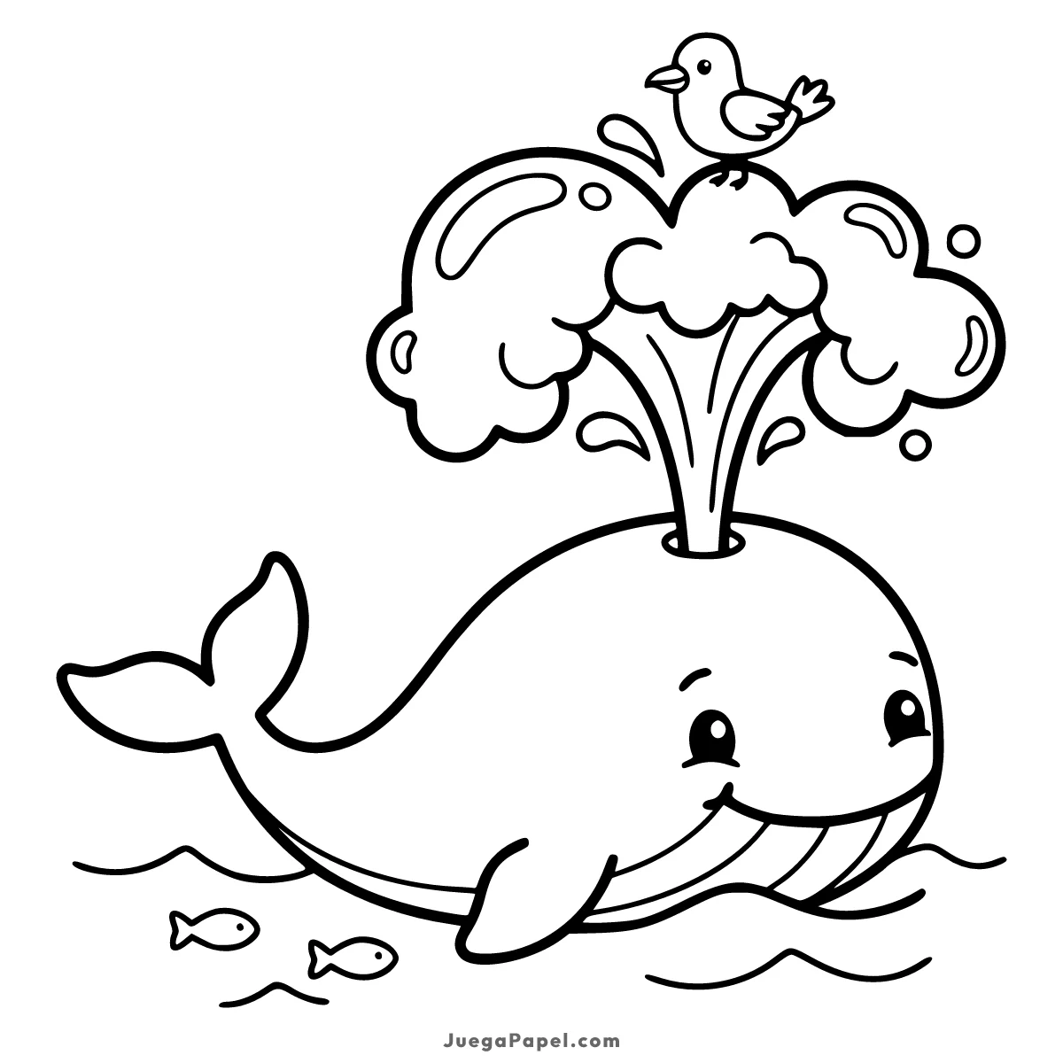 Dibujo para colorear e imprimir de Simpática Ballena con Chorros de Agua y un Pajarito