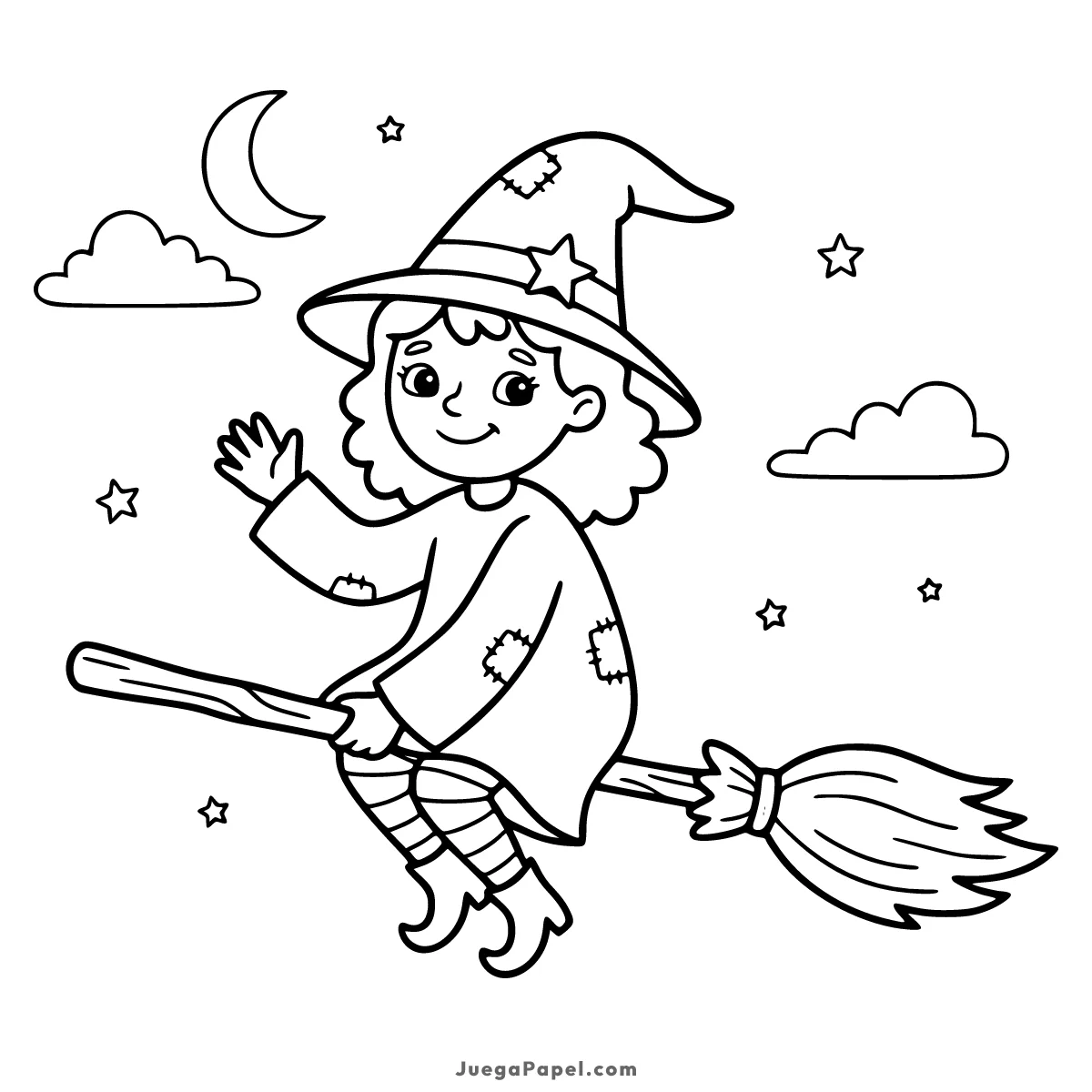 Dibujo para colorear e imprimir de Simpática Brujita Volando en Escoba