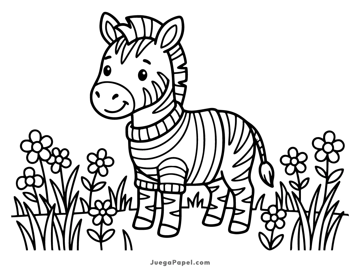 Dibujo para colorear e imprimir de Simpática Cebra en la Pradera con Flores