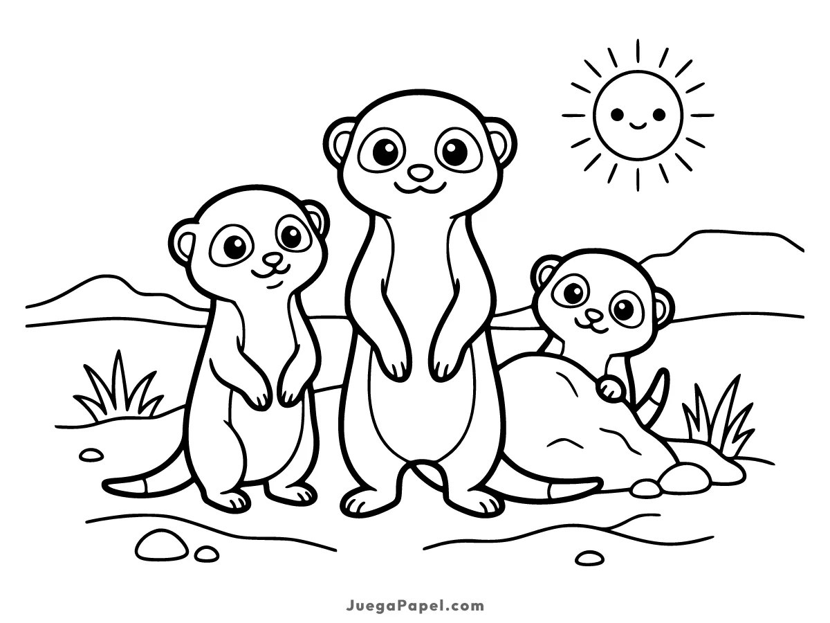 Dibujo para colorear e imprimir de Simpática Familia de Suricatos en el Desierto