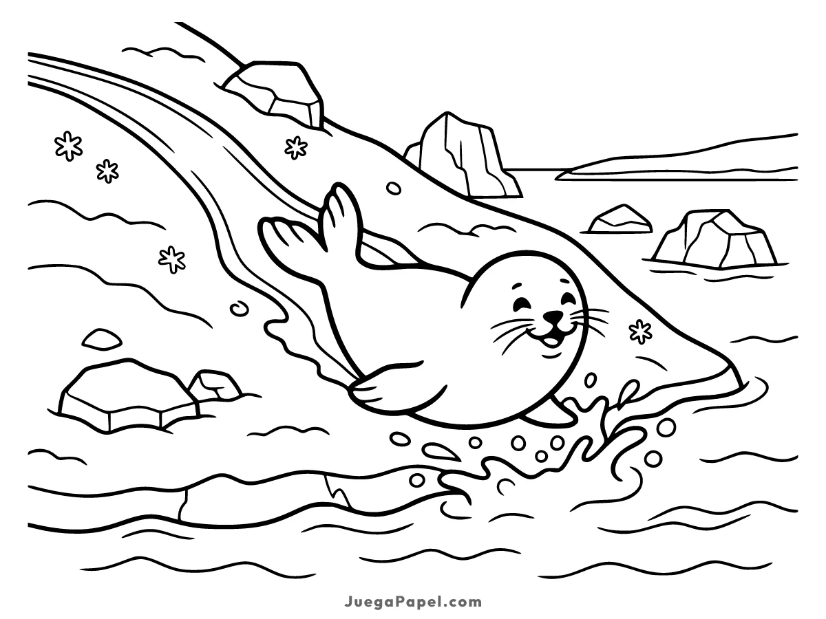 Dibujo para colorear e imprimir de Simpática Foca Deslizándose en la Nieve