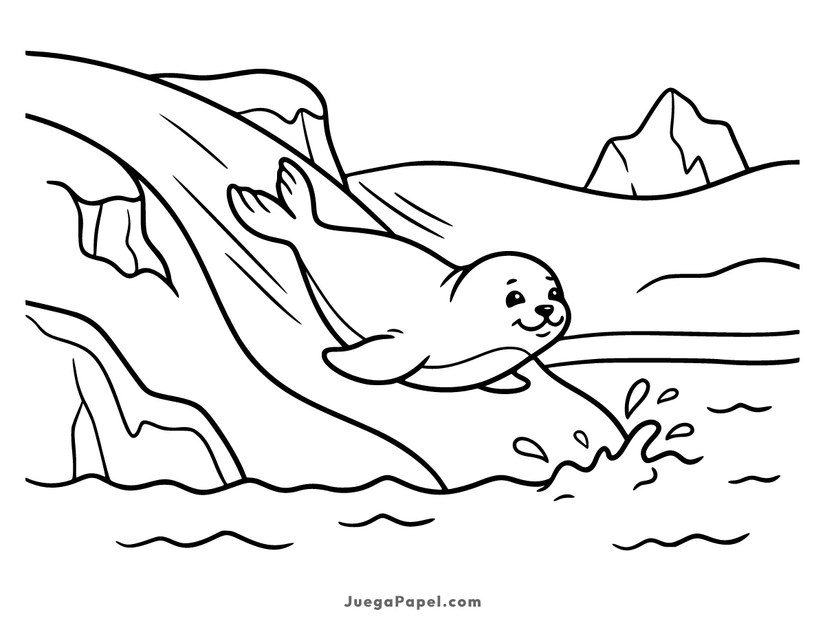 Dibujo para colorear e imprimir de Simpática Foca Deslizándose sobre el Hielo